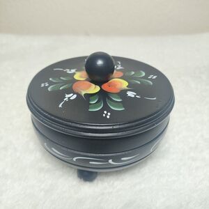 Hand Made And Hand Painted Round Wooden Flower Trinket Box From Norway